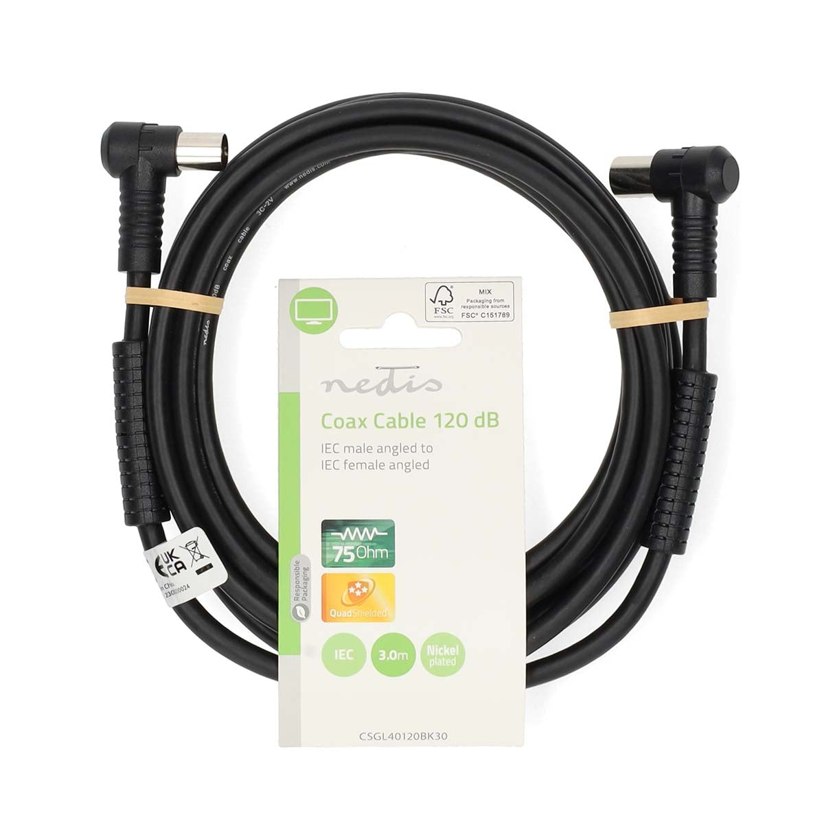 Coaxial cable | IEC (Coax) Male | IEC (Coax) Female | Nickel Plated | 120 dB| 75 Ohm | Four Protections | 3.00 m | Round | PVC | Black | Label