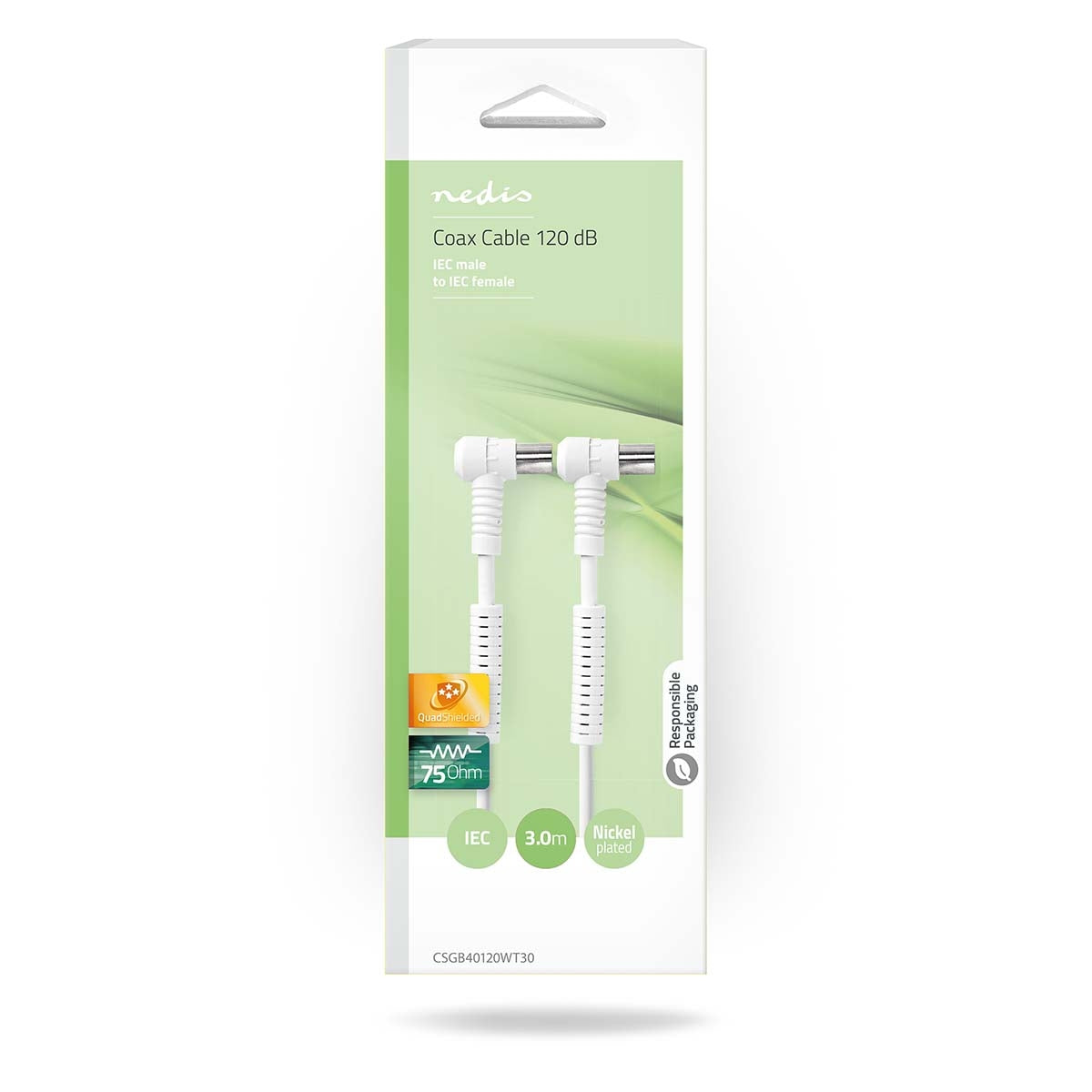 Coaxial cable | IEC (Coax) Male | IEC (Coax) Female | Nickel Plated | 120 dB| 75 Ohm | Four Protections | 3.00 m | Round | PVC | White | Box