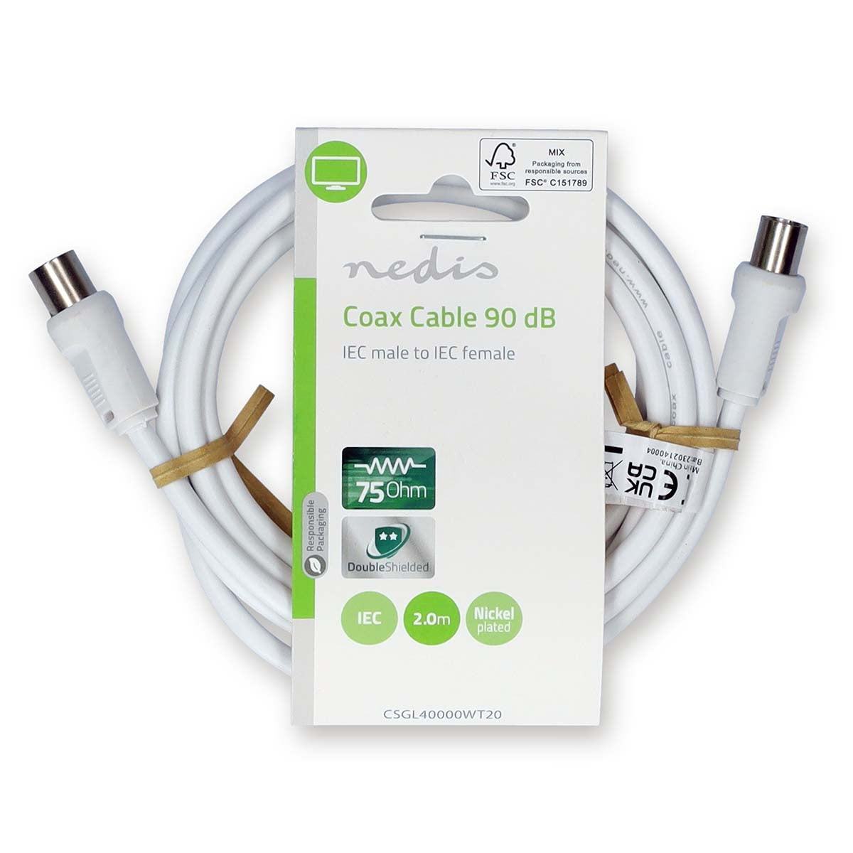 Coaxial cable | IEC (Coax) Male | IEC (Coax) Female | Nickel Plated | 90 dB| 75 Ohm | Double Shielded | 2.00 m | Round | PVC | White | Label