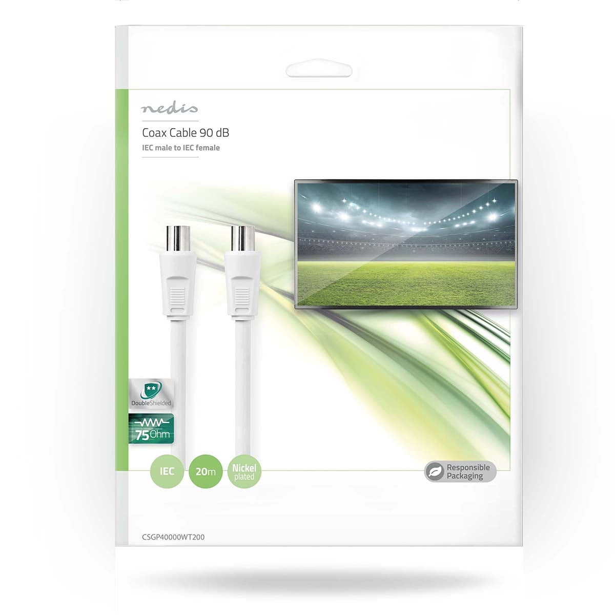 Coaxial cable | IEC (Coax) Male | IEC (Coax) Female | Nickel Plated | 90 dB| 75 Ohm | Double Shielded | 20.0 m | Round | PVC | White | Plastic bag