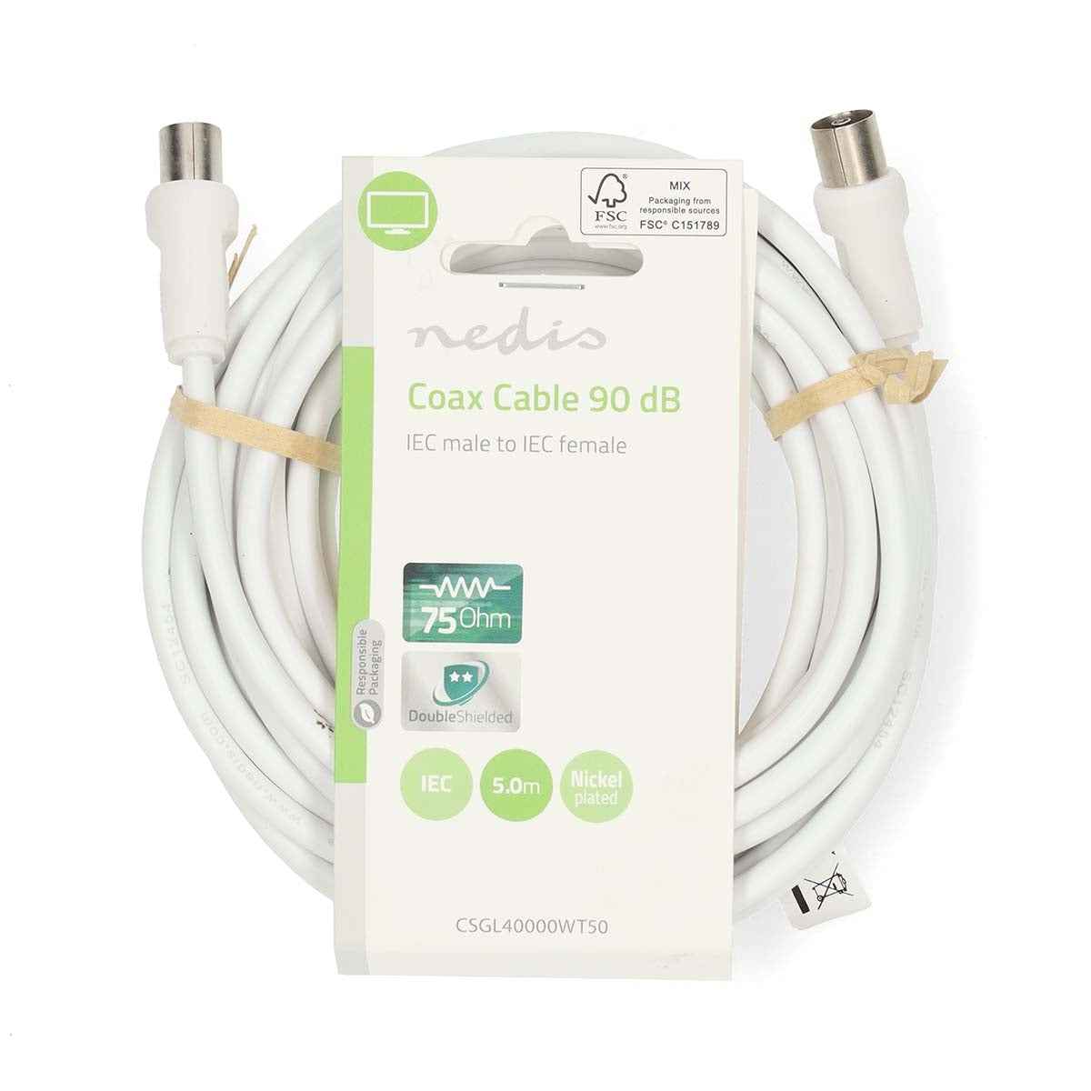 Coaxial cable | IEC (Coax) Male | IEC (Coax) Female | Nickel Plated | 90 dB| 75 Ohm | Double Shielded | 5.00 m | Round | PVC | White | Label