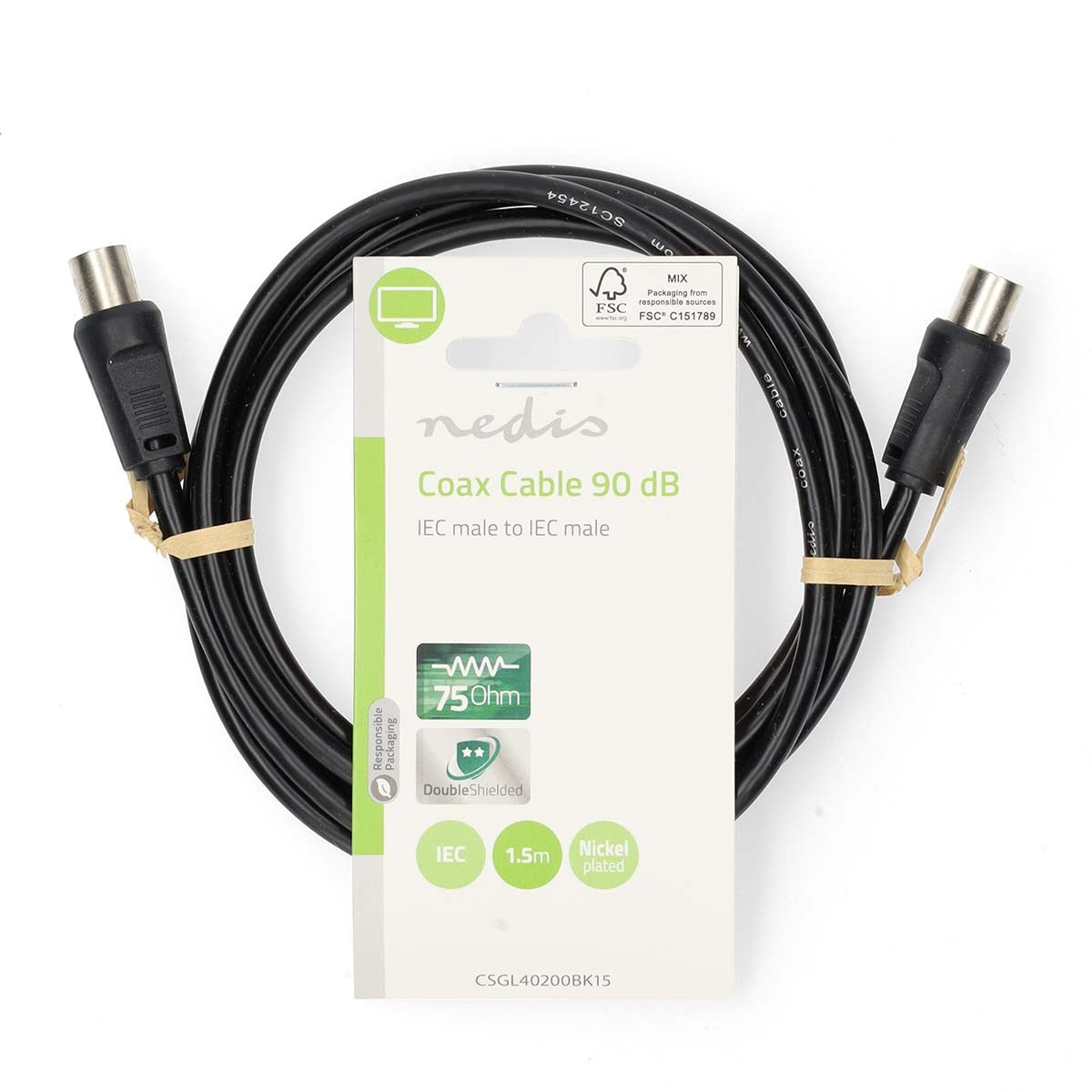 Coaxial cable | IEC (Coax) Male | IEC (Coax) Male | Nickel Plated | 90 dB| 75 Ohm | Double Shielded | 1.50 m | Round | PVC | Black | Label