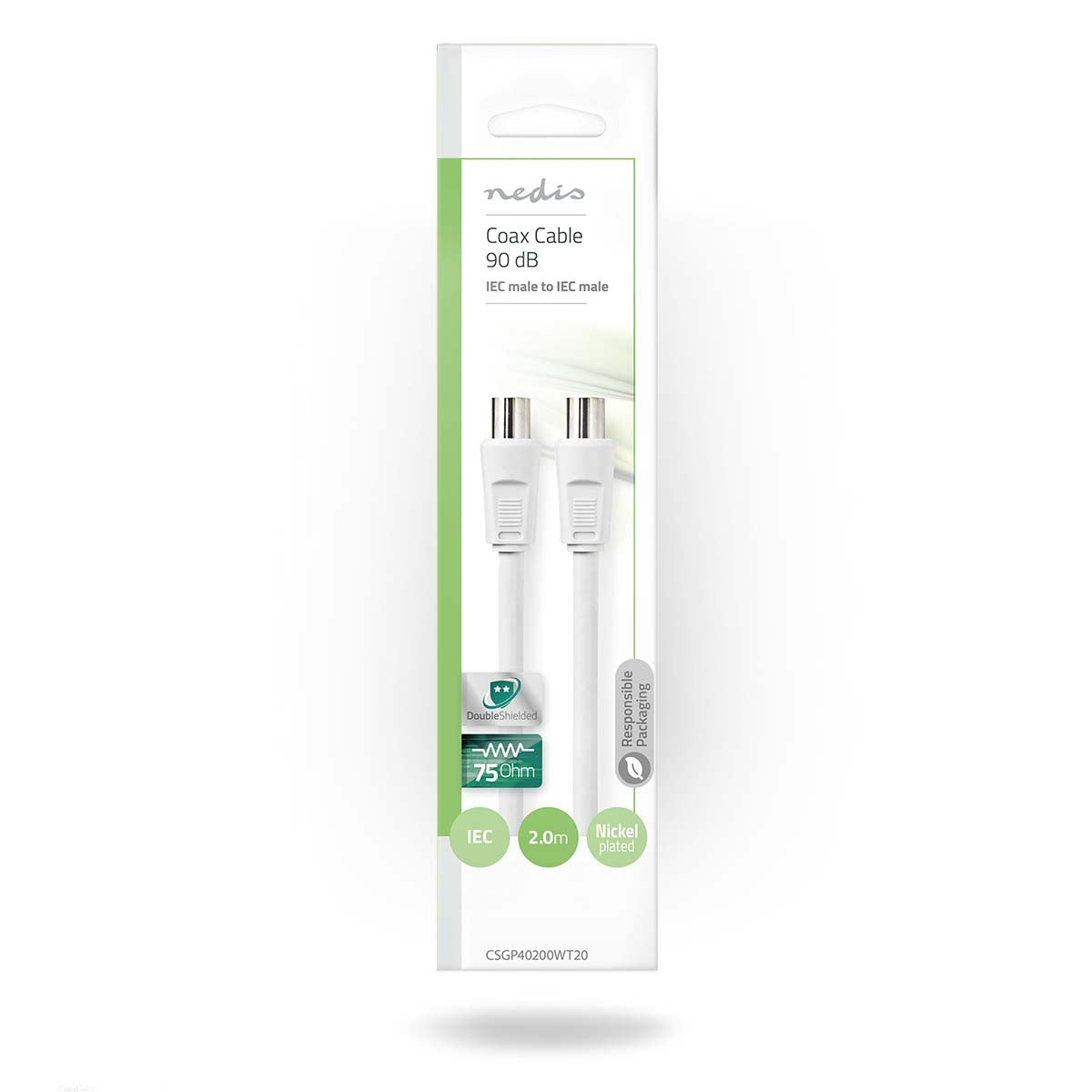 Coaxial cable | IEC (Coax) Male | IEC (Coax) Male | Nickel Plated | 90 dB| 75 Ohm | Double Shielded | 2.00 m | Round | PVC | White | Envelope