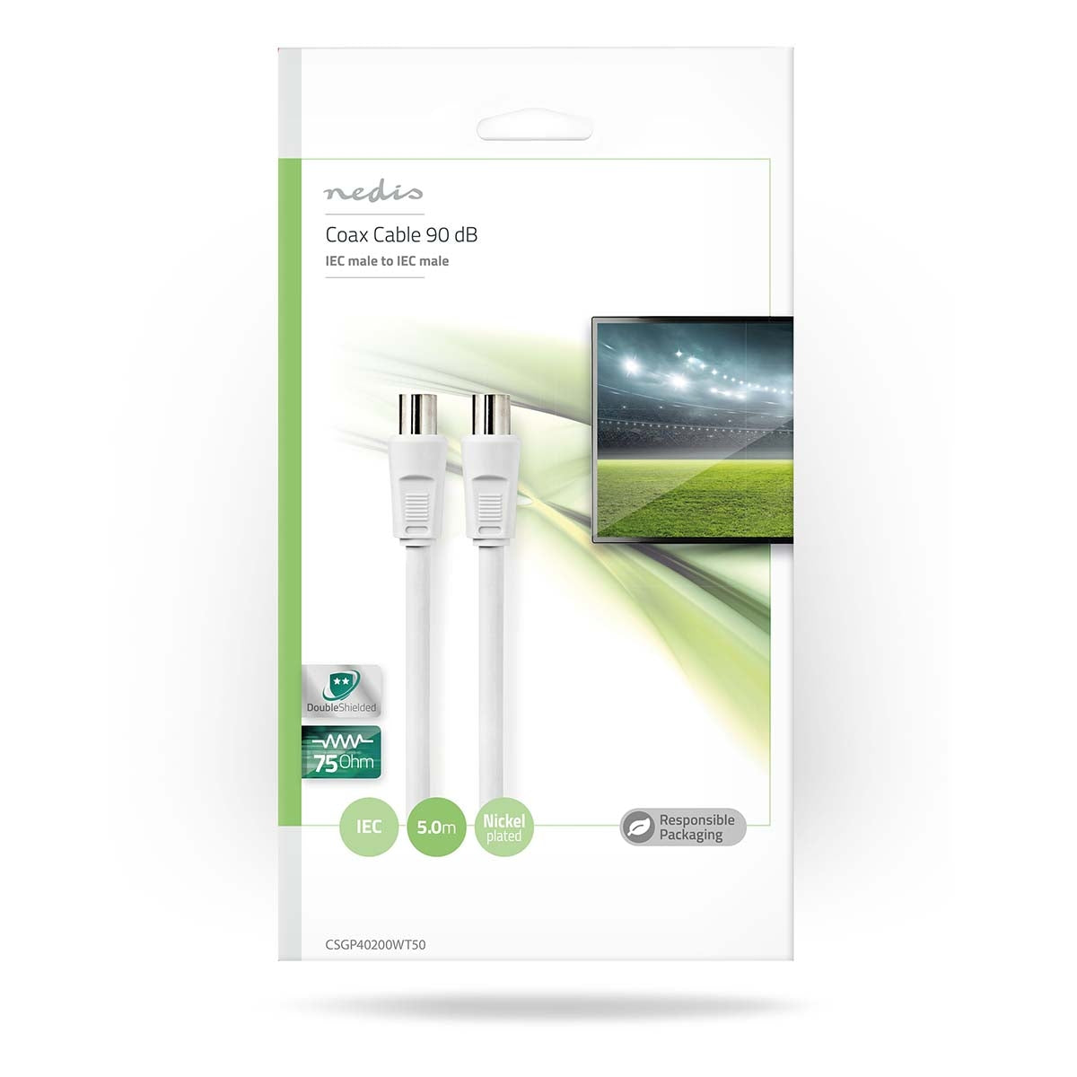 Coaxial cable | IEC (Coax) Male | IEC (Coax) Male | Nickel Plated | 90 dB| 75 Ohm | Double Shielded | 5.00 m | Round | PVC | White | Envelope