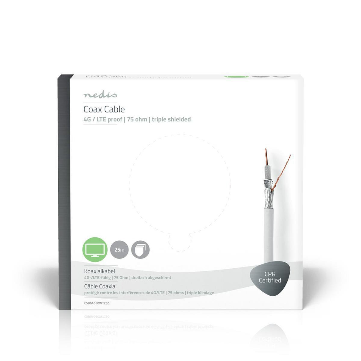 Coaxial cable on Bobin | 4G / LTE secure | 75 Ohm | Triple Protected | ECA | 25.0 m | Coax | PVC | White | Gift box