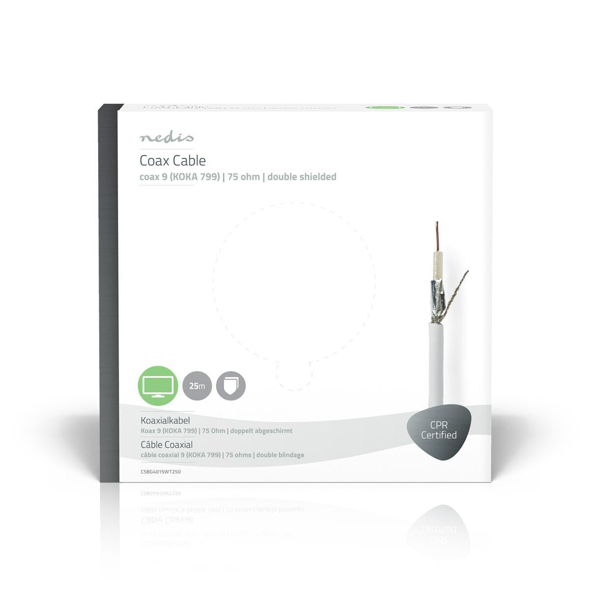 Coaxial cable on Bobin | COOK 799 | 75 Ohm | Double Shielded | ECA | 25.0 m | Coax | PVC | White | Gift box