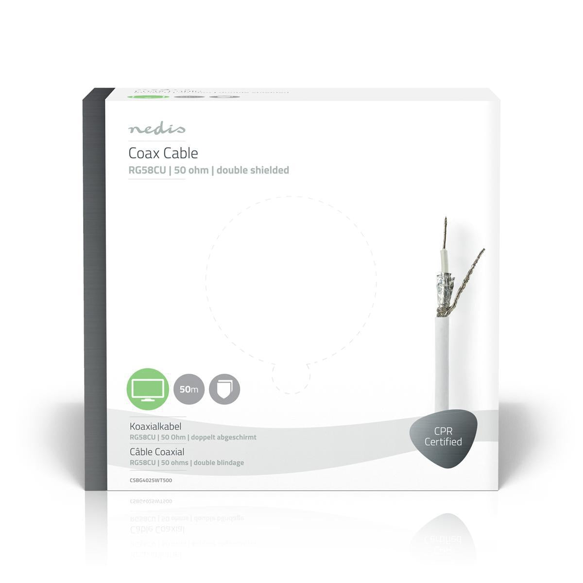 Coaxial cable on Bobin | RG58C/U | 50 Ohm | Double Shielded | ECA | 50.0 m | Coax | PVC | White | Gift box