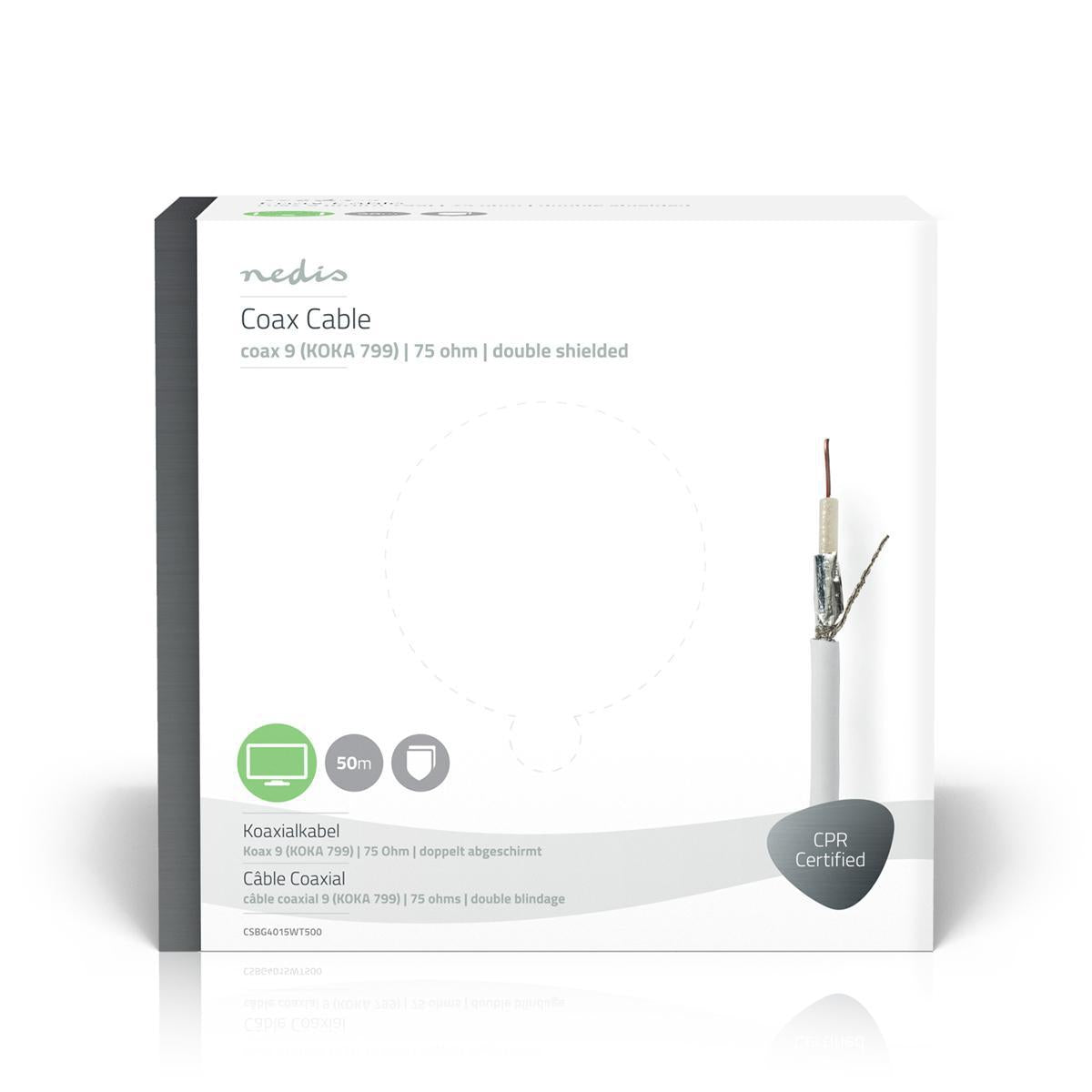 Coaxial cable on Bobin | RG59 | 75 Ohm | Double Shielded | ECA | 50.0 m | Coax | PVC | White | Gift box