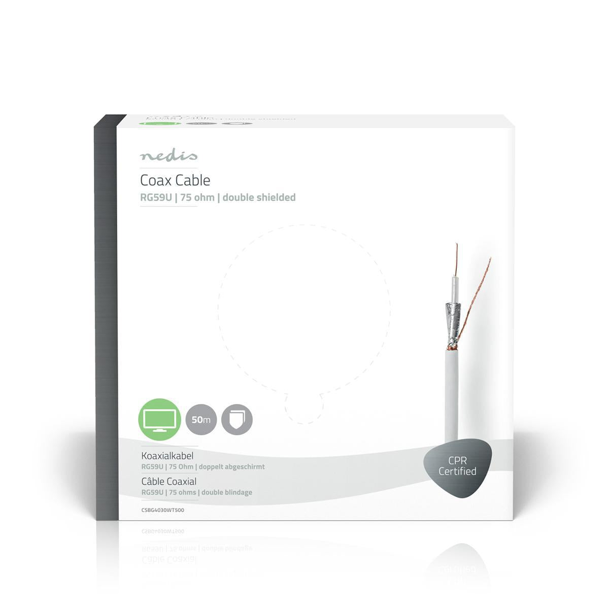 Coaxial cable on Bobin | RG59U | 75 Ohm | Double Shielded | ECA | 50.0 m | Coax | PVC | White | Gift box