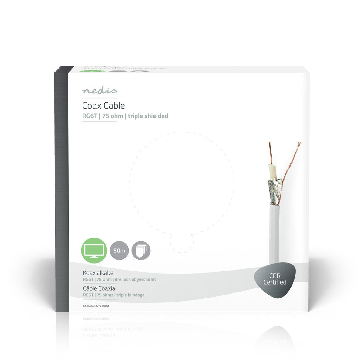 Coaxial cable on Bobin | RG6T | 75 Ohm | Double Shielded | ECA | 50.0 m | Coax | PVC | White | Gift box