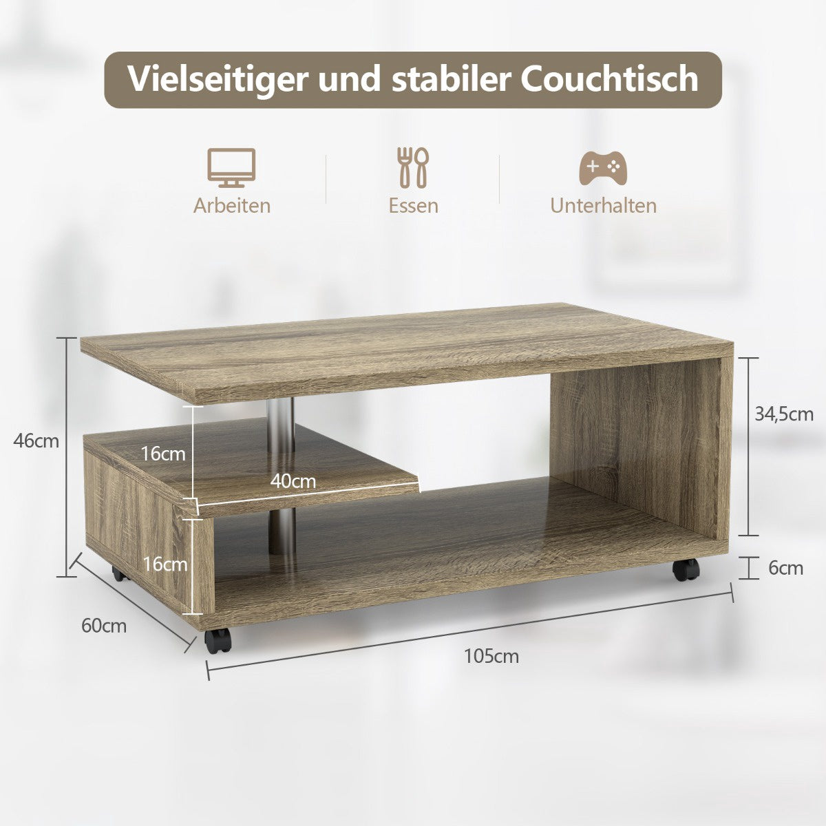 Coffee Table 105x60x46 cm, 2 Shelves, Locking Castors