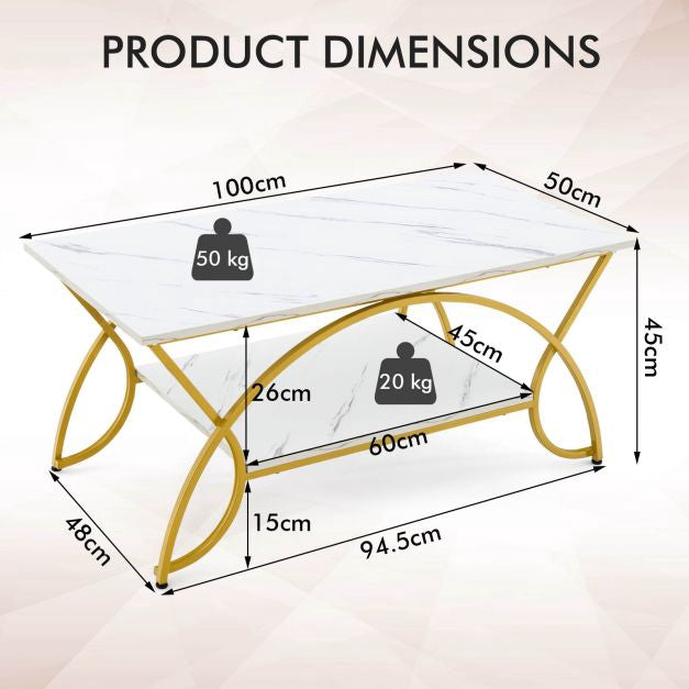 Coffee Table, 2-Tier Faux Marble Top, Gold Metal Frame
