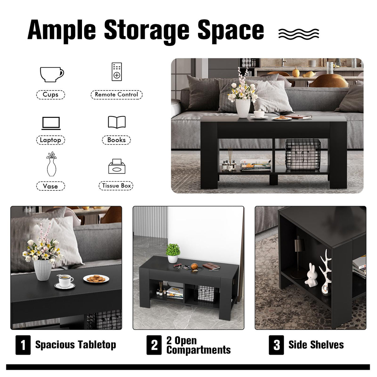 Coffee Table, 2-Tier Wood with Storage Shelf, Black