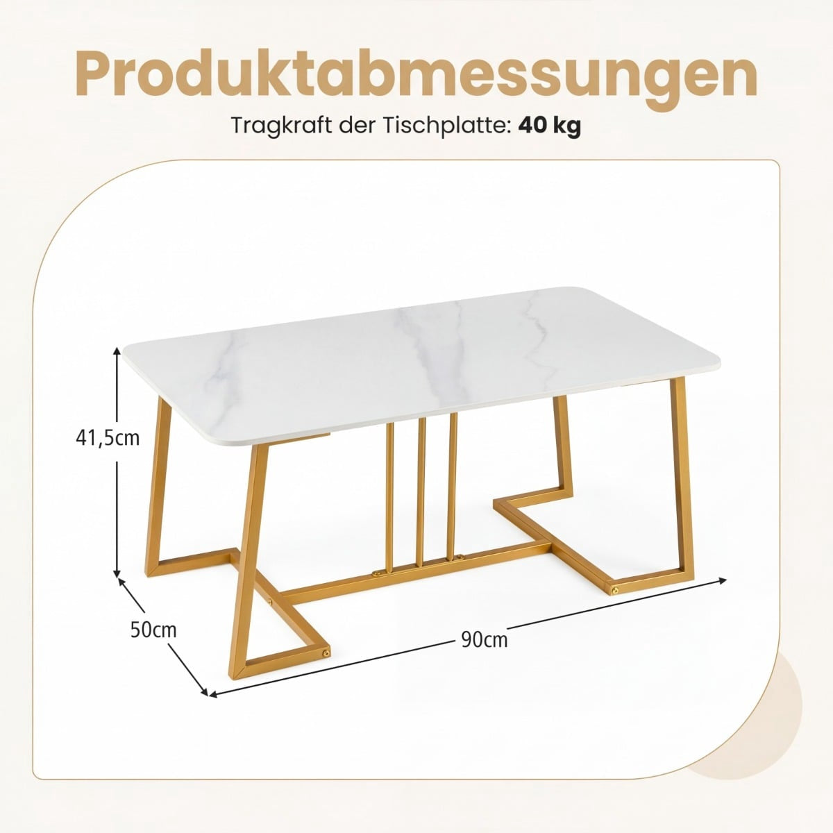 Coffee Table Faux Marble 90cm Metal Frame White Gold