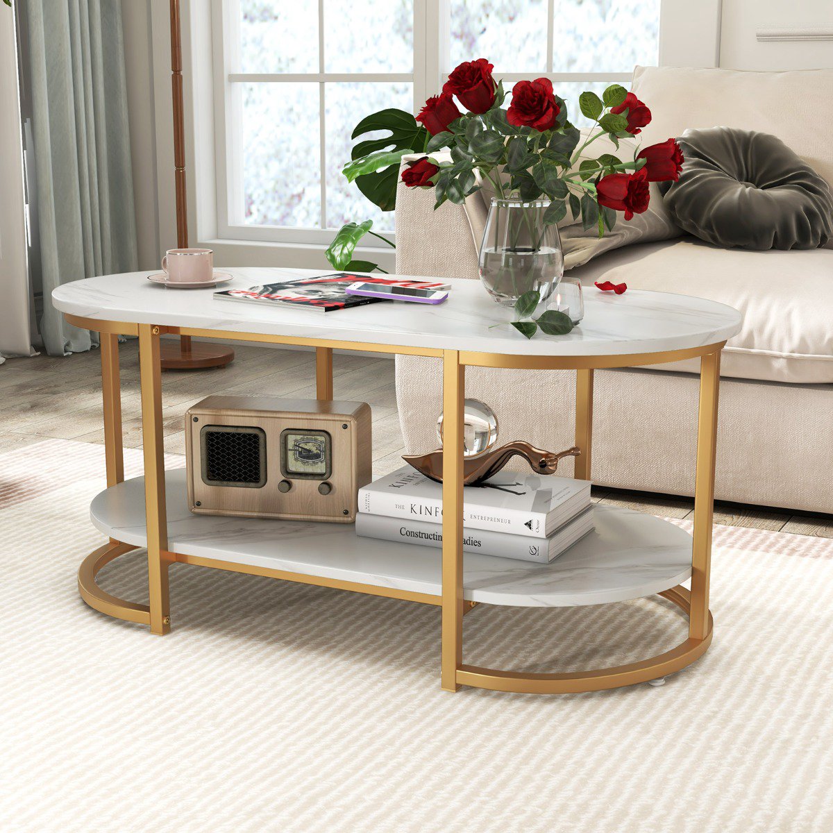 Coffee Table, Faux Marble Top, 2-Tier Storage Shelf