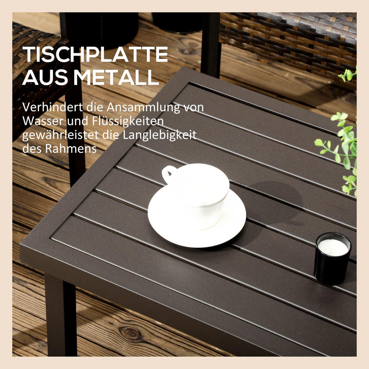 Coffee Table, Garden Table With Wood Look, Rectangular Coffee Table, Garden Table For Balcony, Patio, Steel, Brown, 91 X 51 X 46 Cm