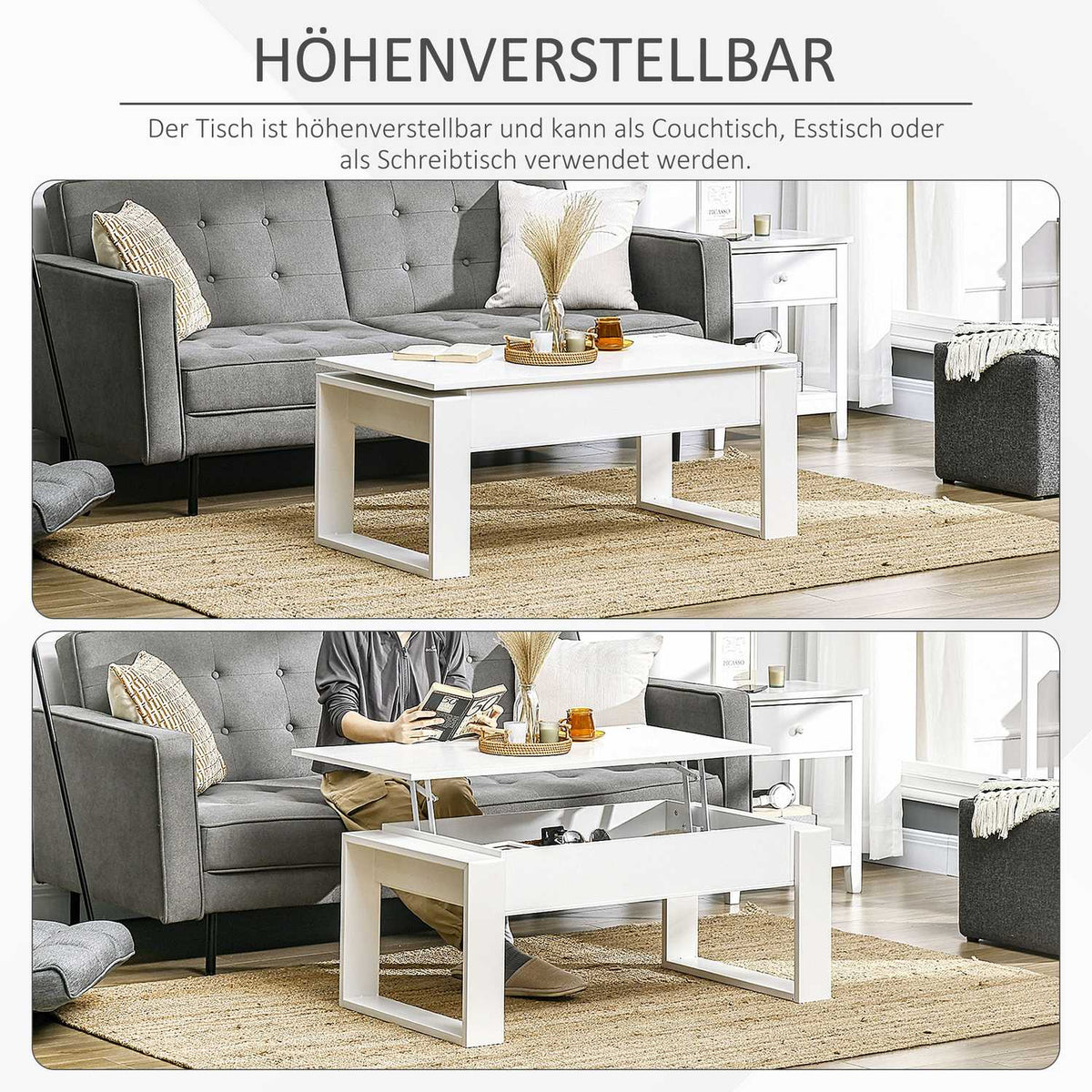 Coffee Table Height-Adjustable Side Table With Hidden Storage Space, Lifting Table, Chipboard, White, 105X79.5X59 Cm