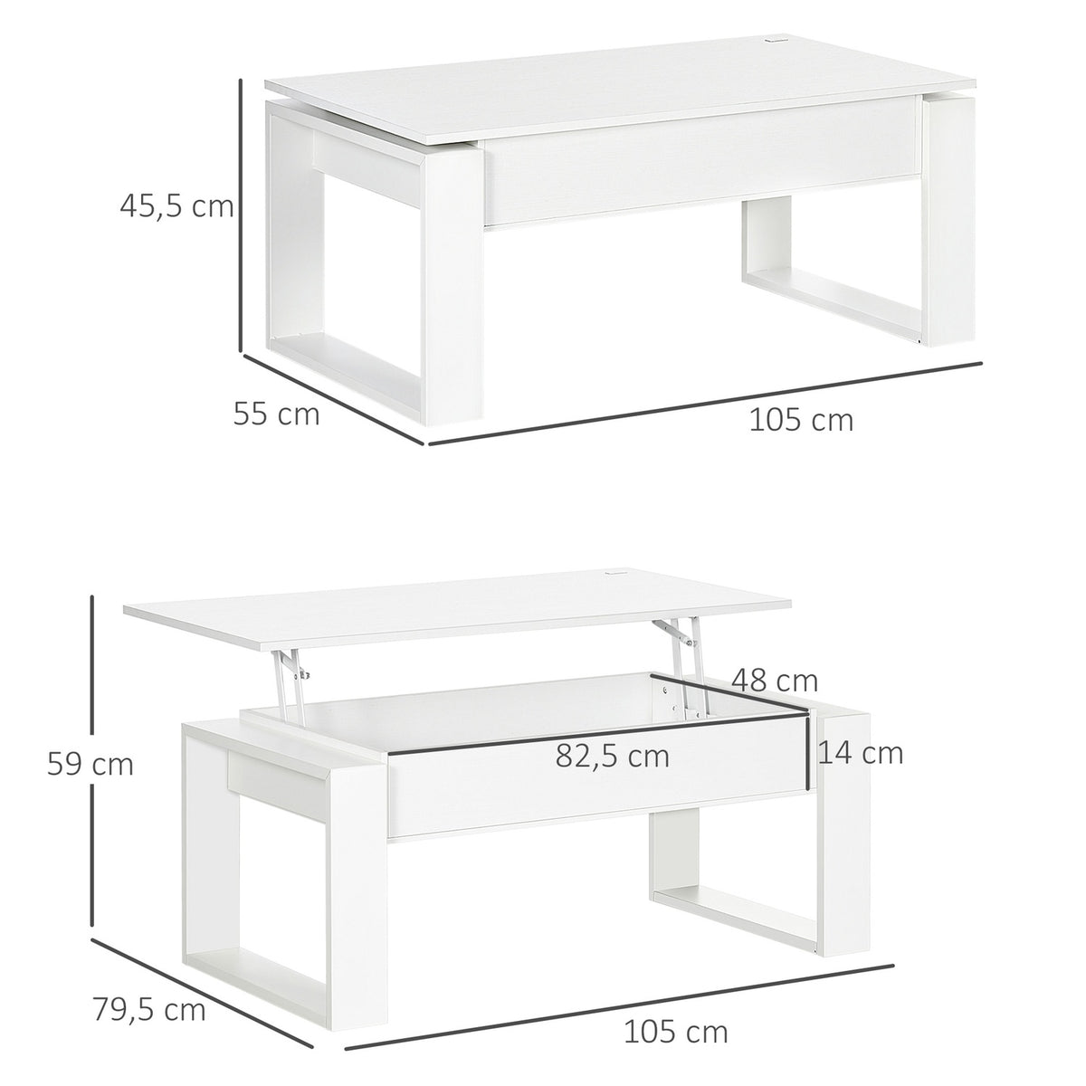 Coffee Table Height-Adjustable Side Table With Hidden Storage Space, Lifting Table, Chipboard, White, 105X79.5X59 Cm