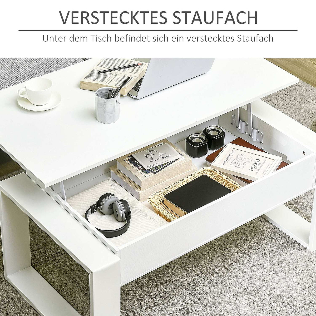 Coffee Table Height-Adjustable Side Table With Hidden Storage Space, Lifting Table, Chipboard, White, 105X79.5X59 Cm