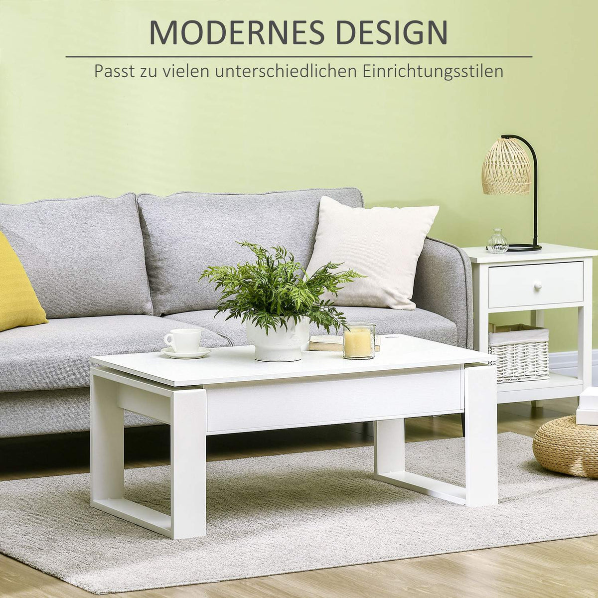 Coffee Table Height-Adjustable Side Table With Hidden Storage Space, Lifting Table, Chipboard, White, 105X79.5X59 Cm
