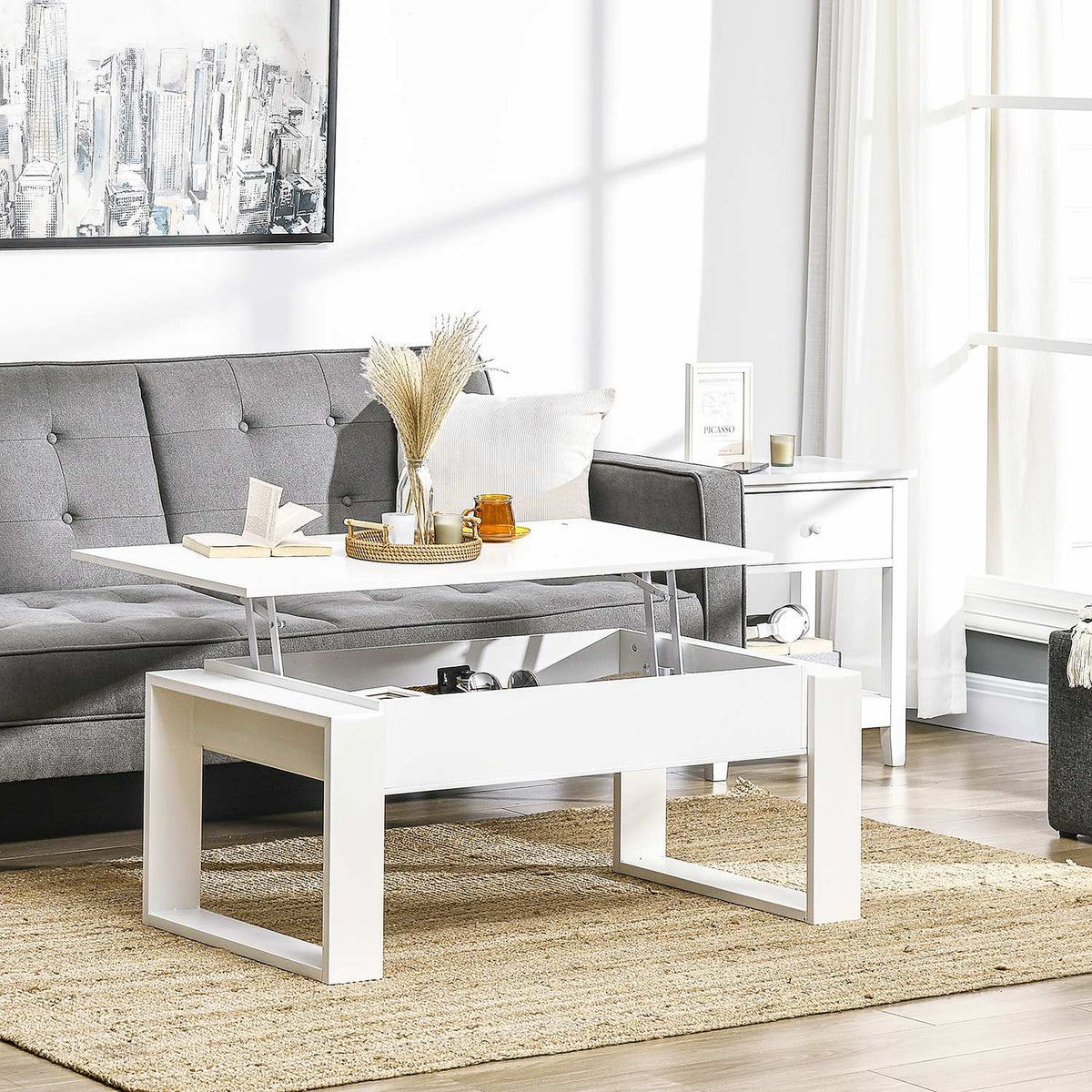 Coffee Table Height-Adjustable Side Table With Hidden Storage Space, Lifting Table, Chipboard, White, 105X79.5X59 Cm