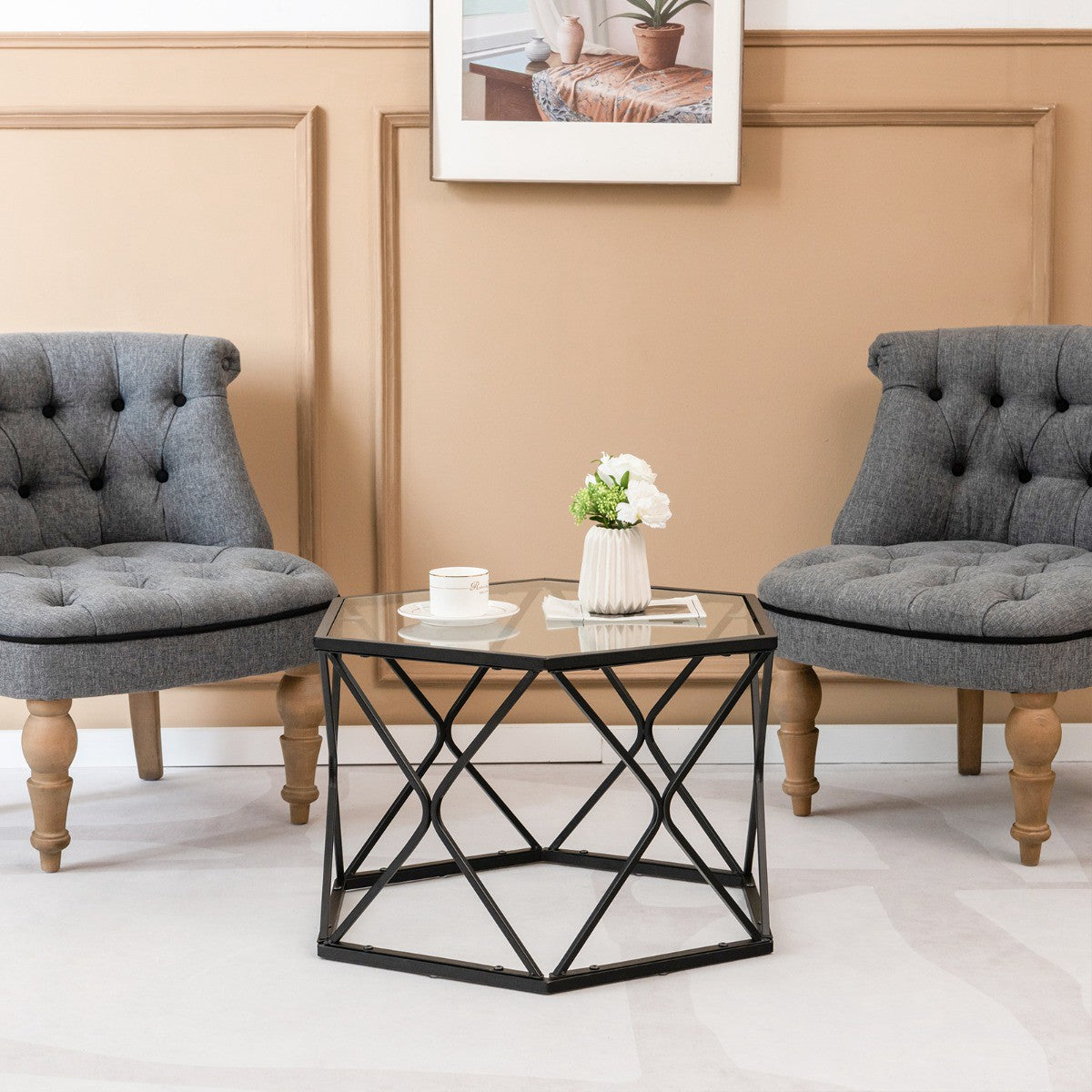 Coffee Table, Hexagon Tempered Glass Top, Metal Legs