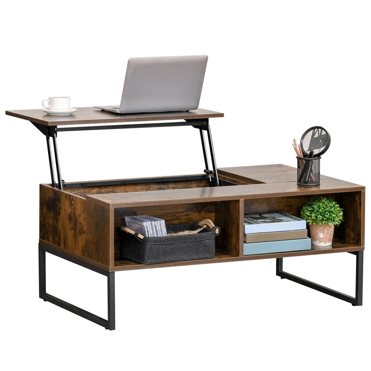 Coffee Table, Living Room Table With Height-Adjustable Top, Chipboard, Brown, 100X60X40Cm
