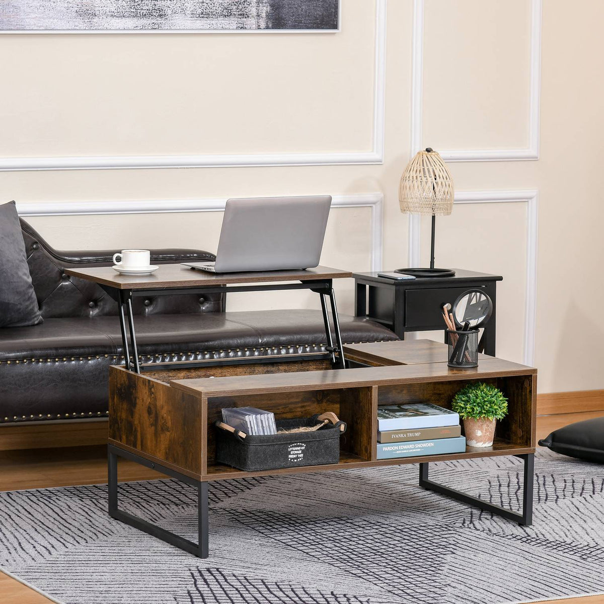 Coffee Table, Living Room Table With Height-Adjustable Top, Chipboard, Brown, 100X60X40Cm