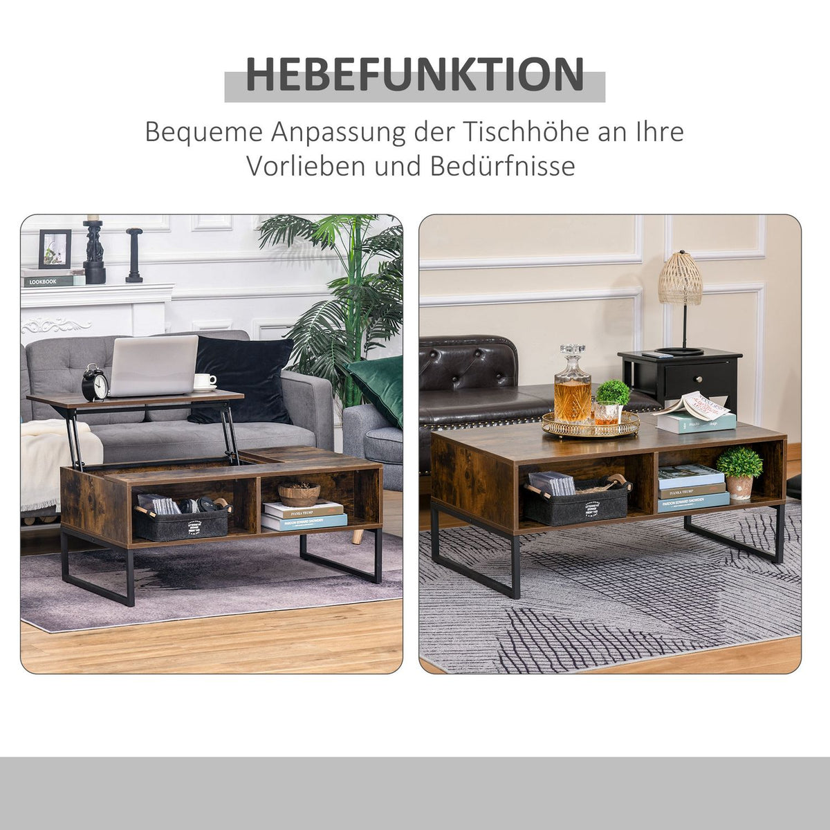 Coffee Table, Living Room Table With Height-Adjustable Top, Chipboard, Brown, 100X60X40Cm