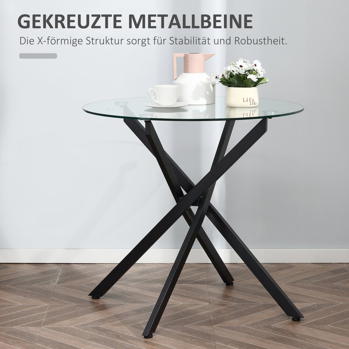 Coffee Table Round Glass Table, Black, Side Table With Safety Glass & Metal Frame, 80X80X75 Cm