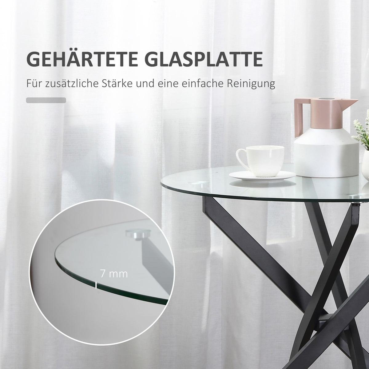Coffee Table Round Glass Table, Black, Side Table With Safety Glass & Metal Frame, 80X80X75 Cm