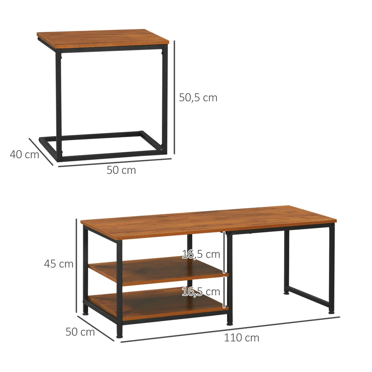 Coffee Table Set Of 2, Side Table With 2 Levels In Industrial Design, Living Room Table For Office, Steel, Natural