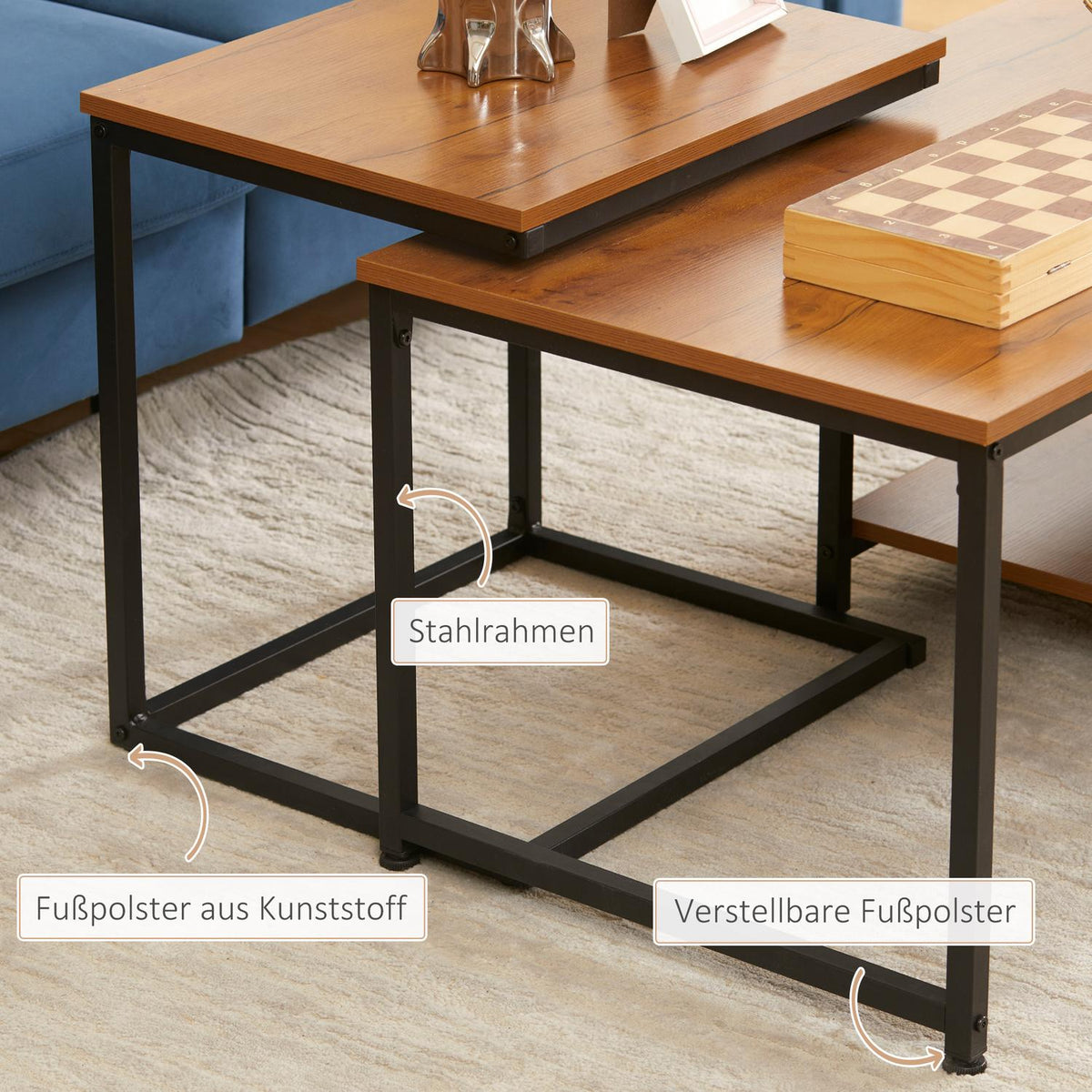 Coffee Table Set Of 2, Side Table With 2 Levels In Industrial Design, Living Room Table For Office, Steel, Natural