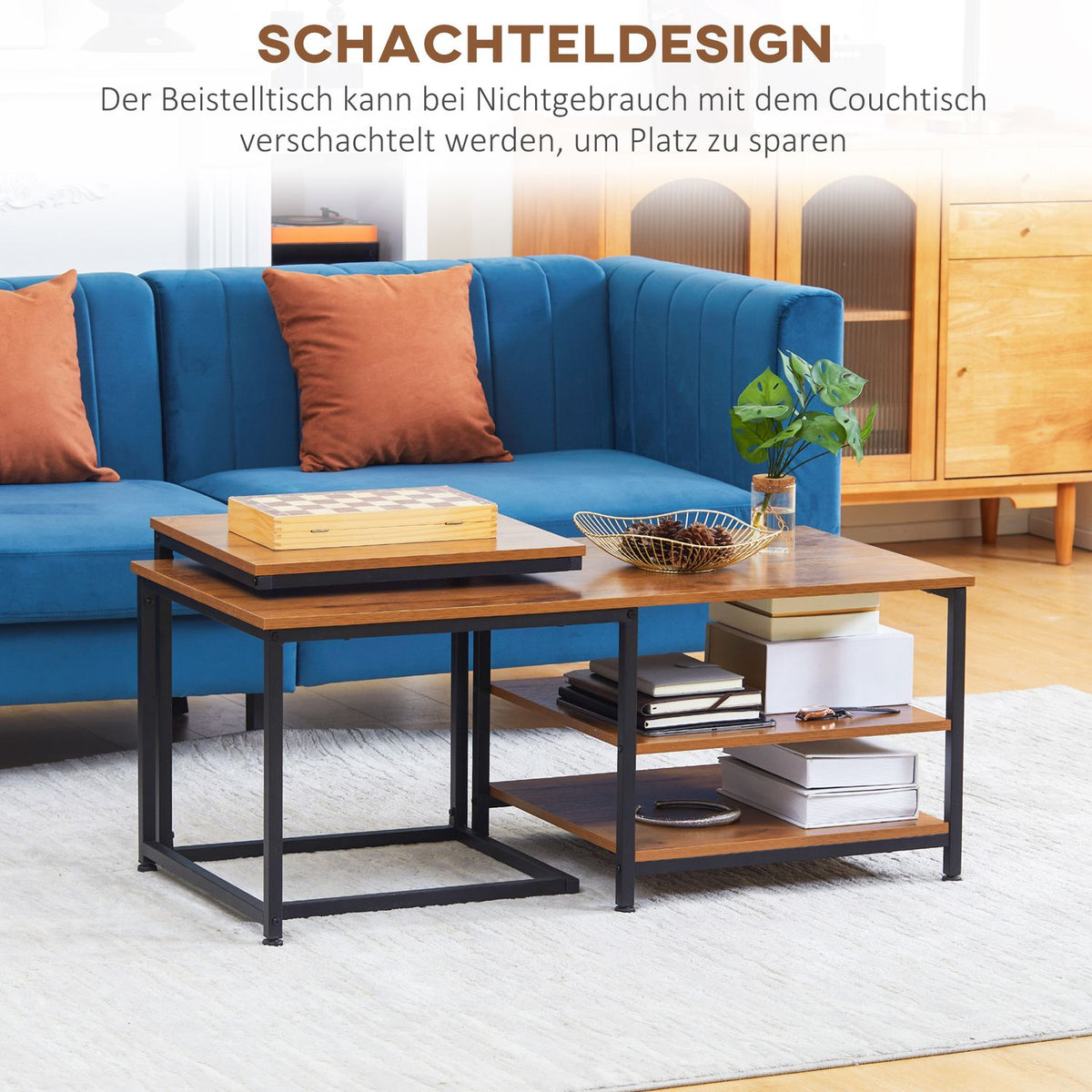 Coffee Table Set Of 2, Side Table With 2 Levels In Industrial Design, Living Room Table For Office, Steel, Natural
