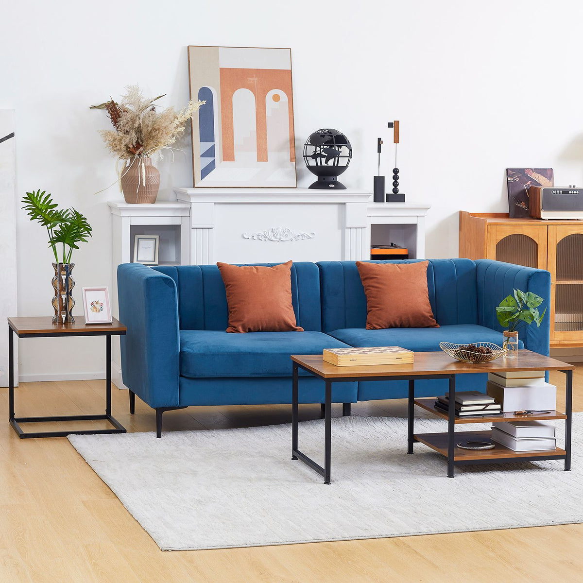 Coffee Table Set Of 2, Side Table With 2 Levels In Industrial Design, Living Room Table For Office, Steel, Natural