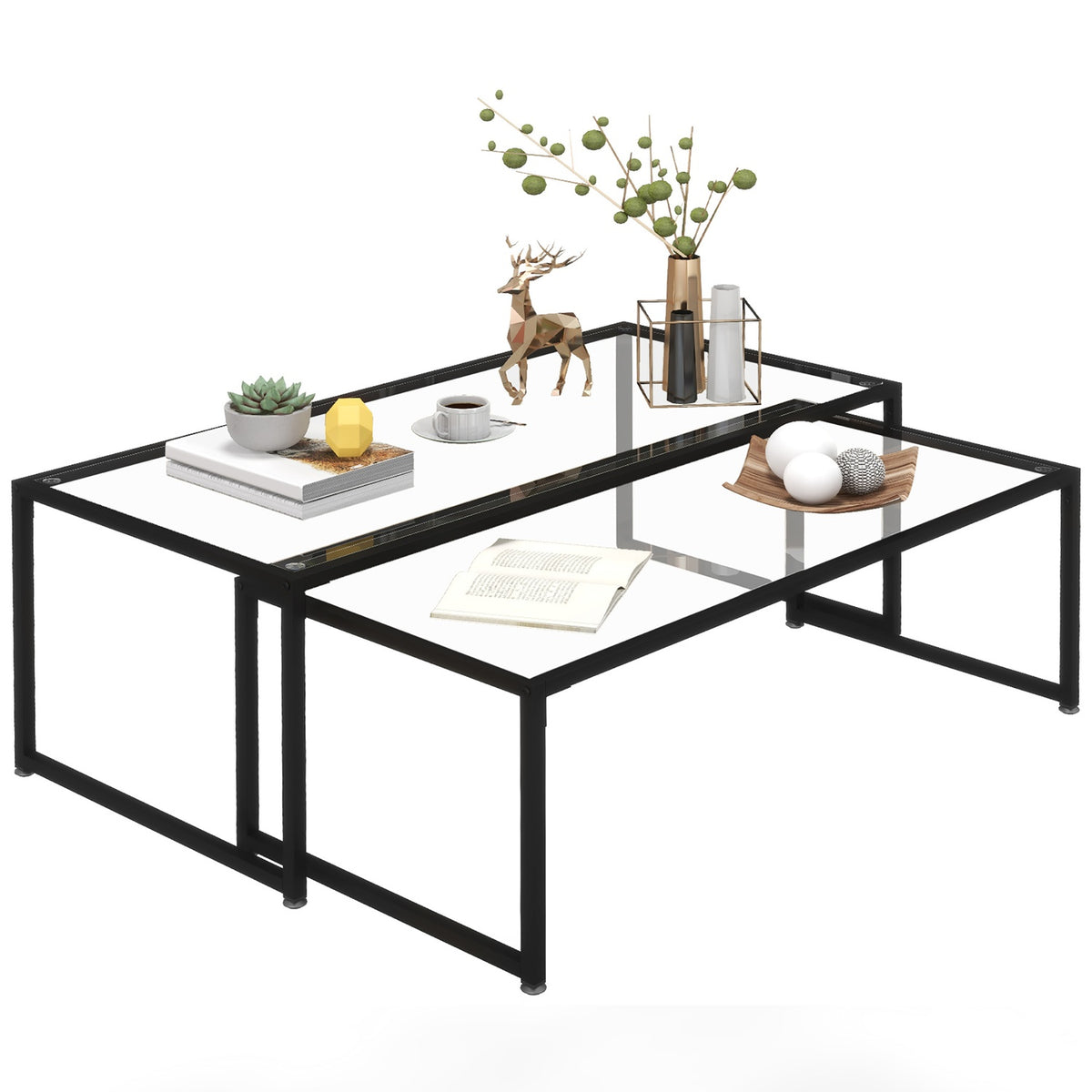 Coffee Table Set Of 2 Side Tables, Coffee Table, Nesting Table, Glass Table, Sofa Table, Living Room Table For Bedroom, Steel, Black