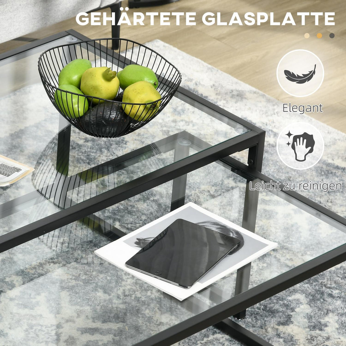 Coffee Table Set Of 2 Side Tables, Coffee Table, Nesting Table, Glass Table, Sofa Table, Living Room Table For Bedroom, Steel, Black
