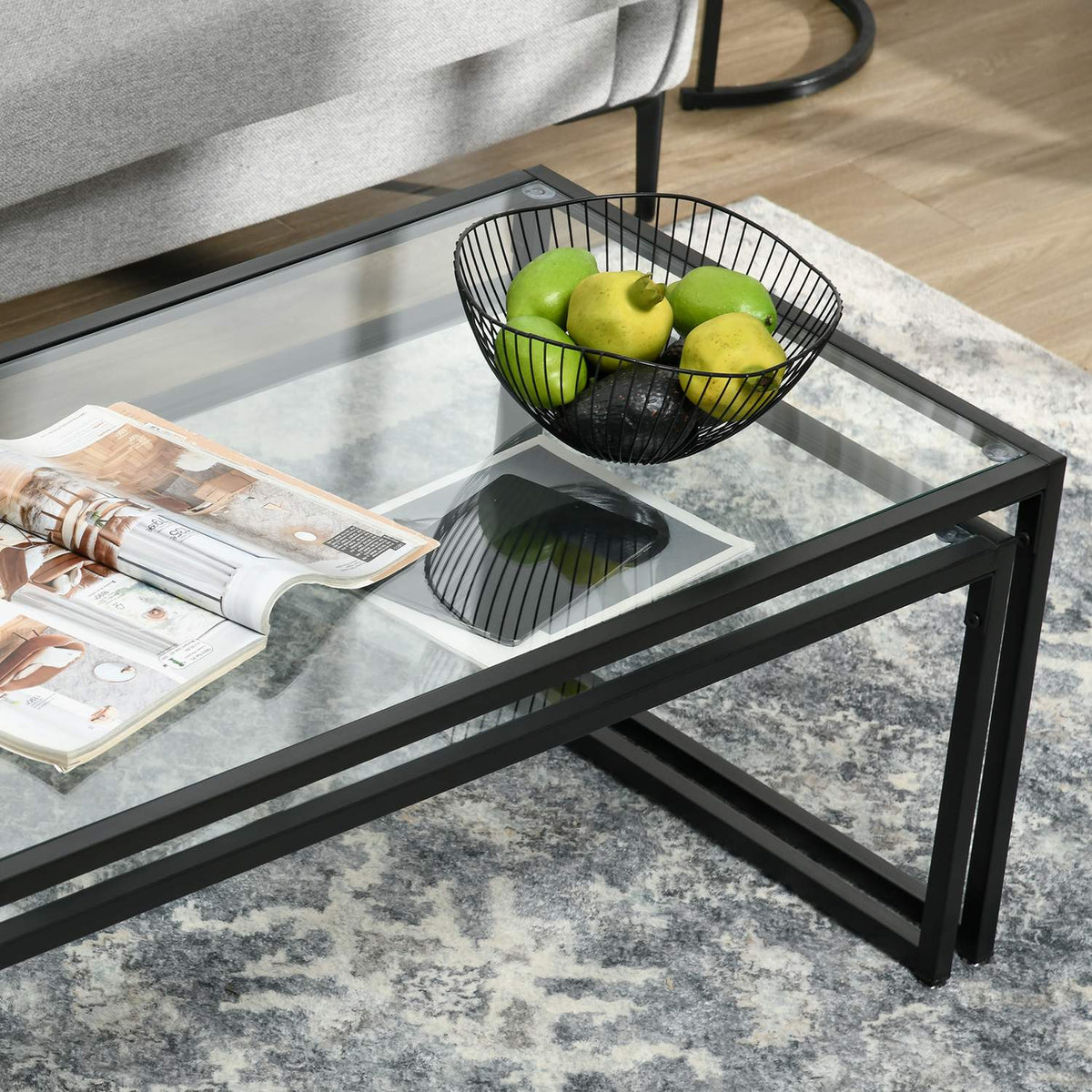Coffee Table Set Of 2 Side Tables, Coffee Table, Nesting Table, Glass Table, Sofa Table, Living Room Table For Bedroom, Steel, Black