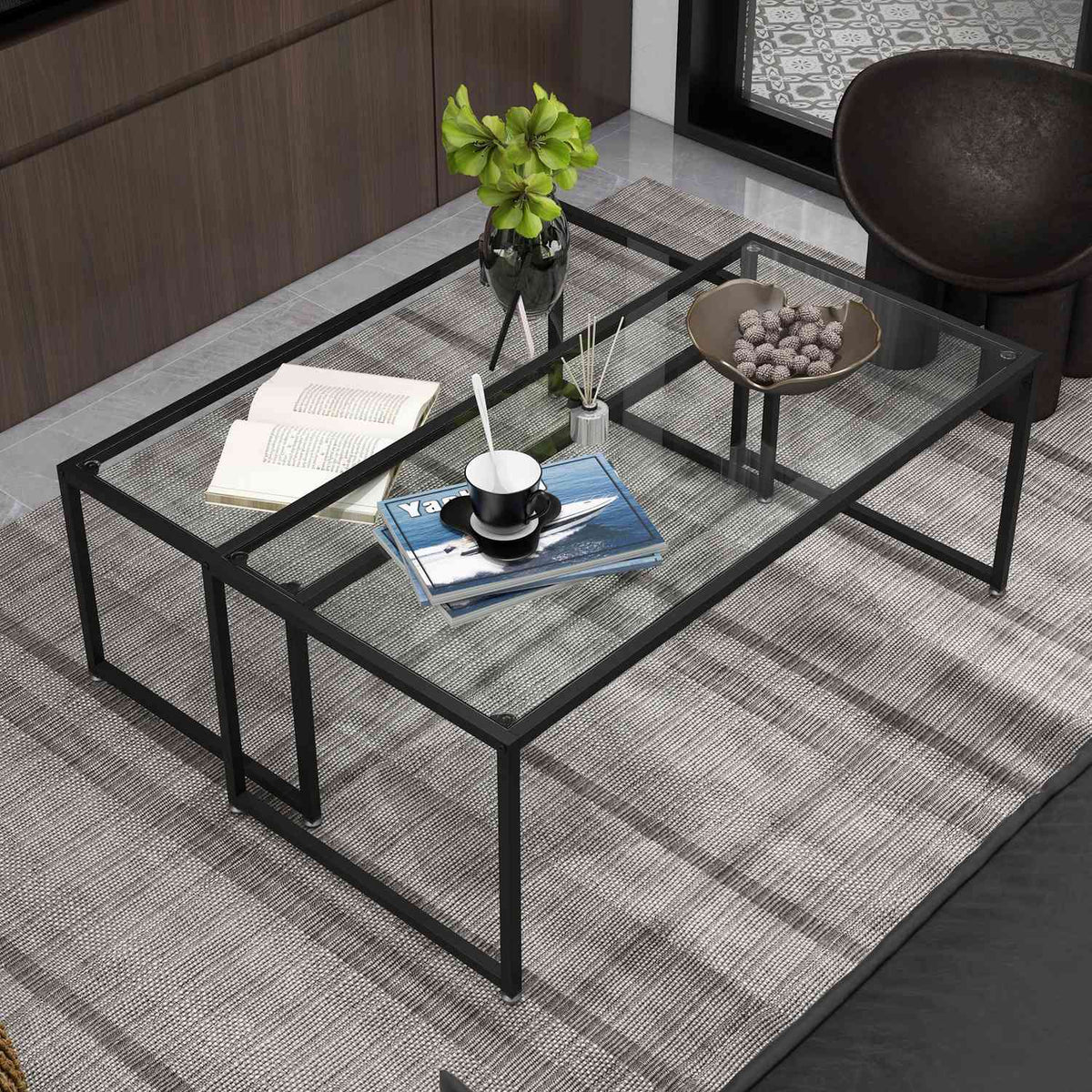 Coffee Table Set Of 2 Side Tables, Coffee Table, Nesting Table, Glass Table, Sofa Table, Living Room Table For Bedroom, Steel, Black