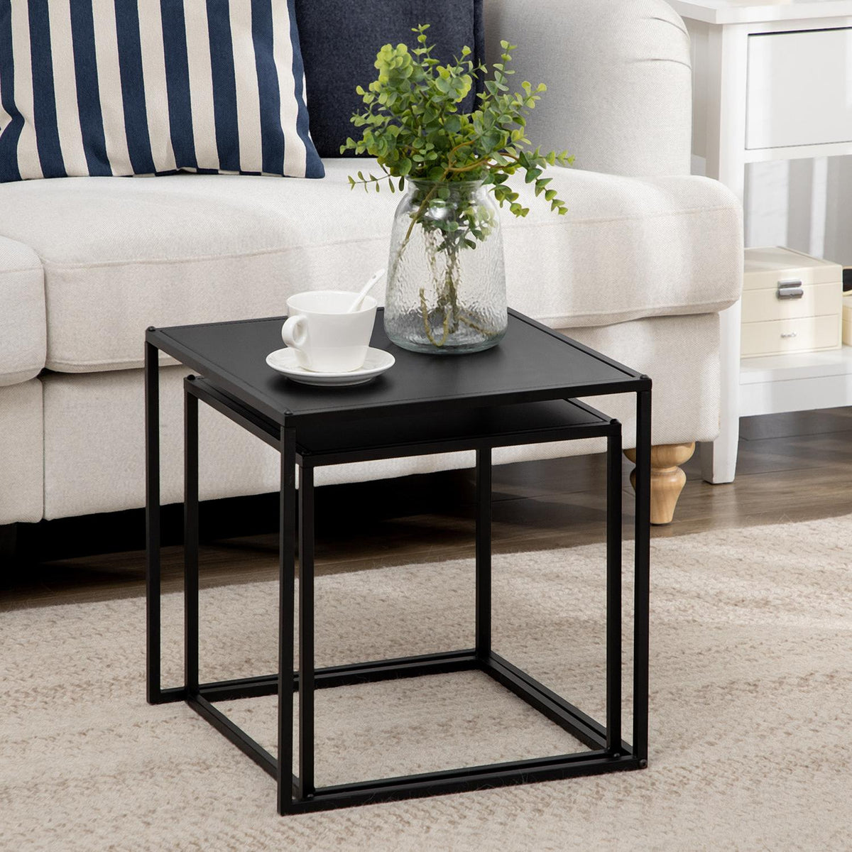 Coffee Table Set Of 2 Side Tables In A Modern Design, Steel Frame, Up To 10 Kg, Black, 120X59X45Cm