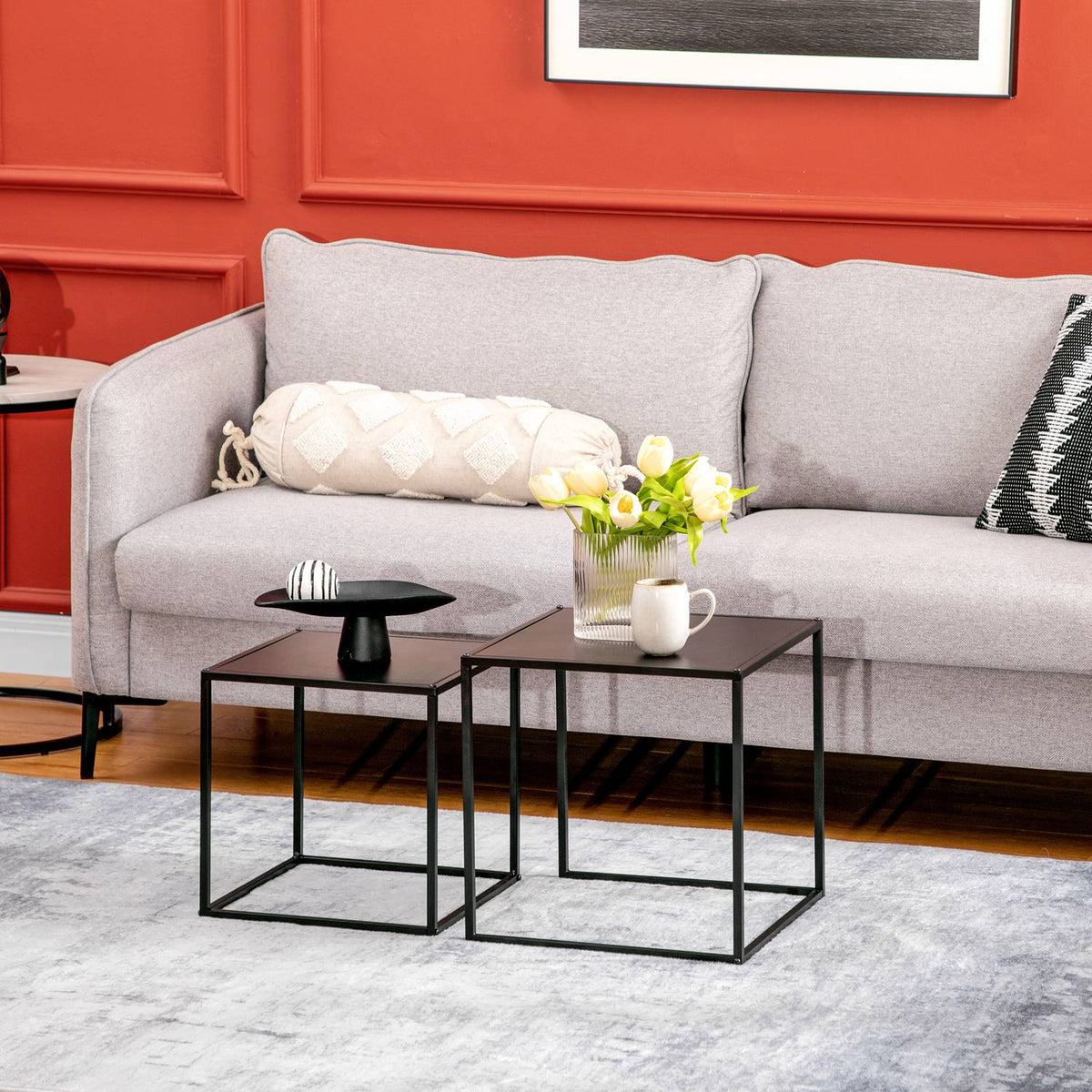 Coffee Table Set Of 2 Side Tables In A Modern Design, Steel Frame, Up To 10 Kg, Black, 120X59X45Cm