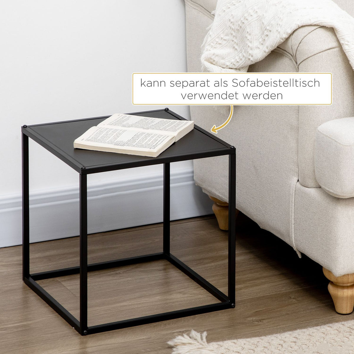 Coffee Table Set Of 2 Side Tables In A Modern Design, Steel Frame, Up To 10 Kg, Black, 120X59X45Cm