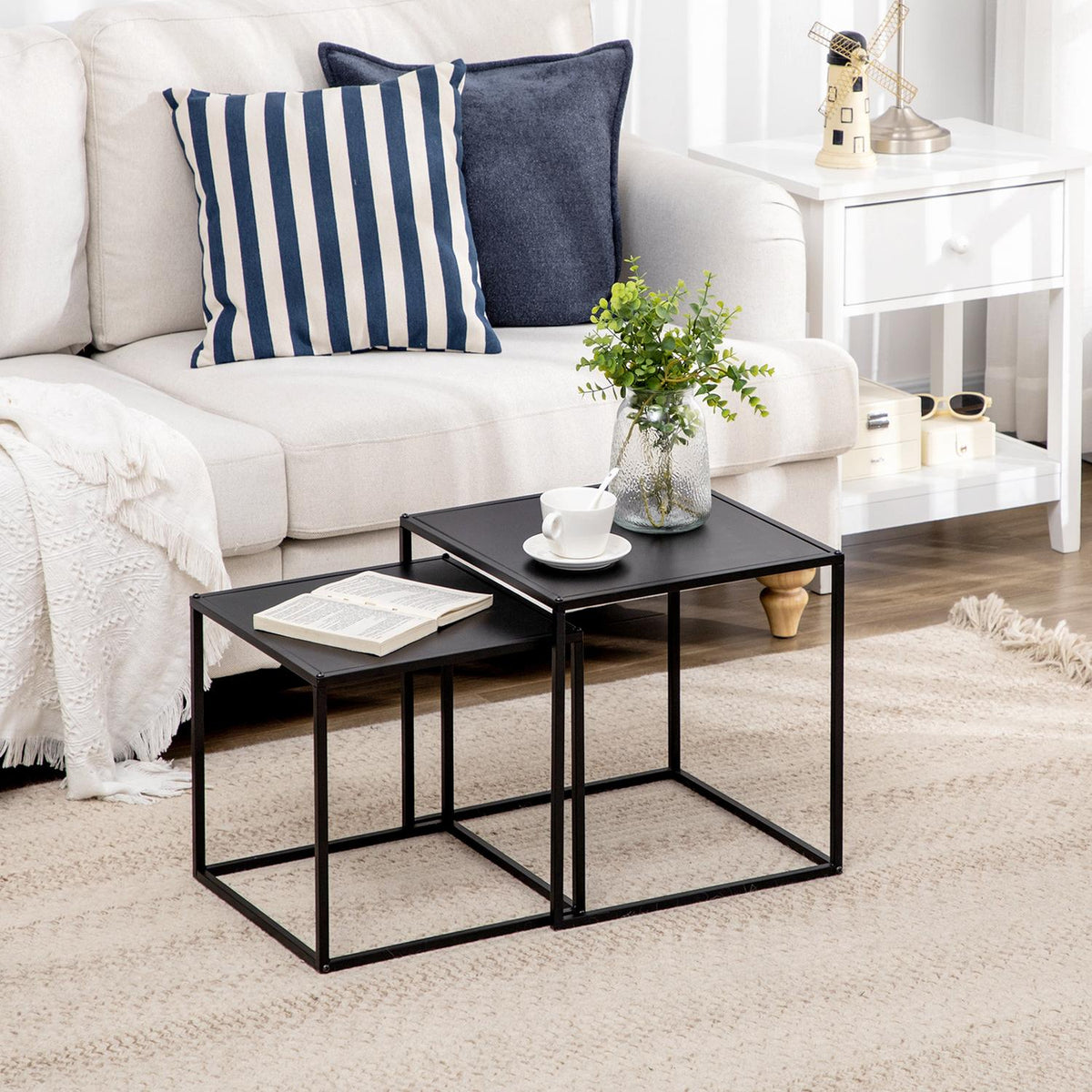 Coffee Table Set Of 2 Side Tables In A Modern Design, Steel Frame, Up To 10 Kg, Black, 120X59X45Cm