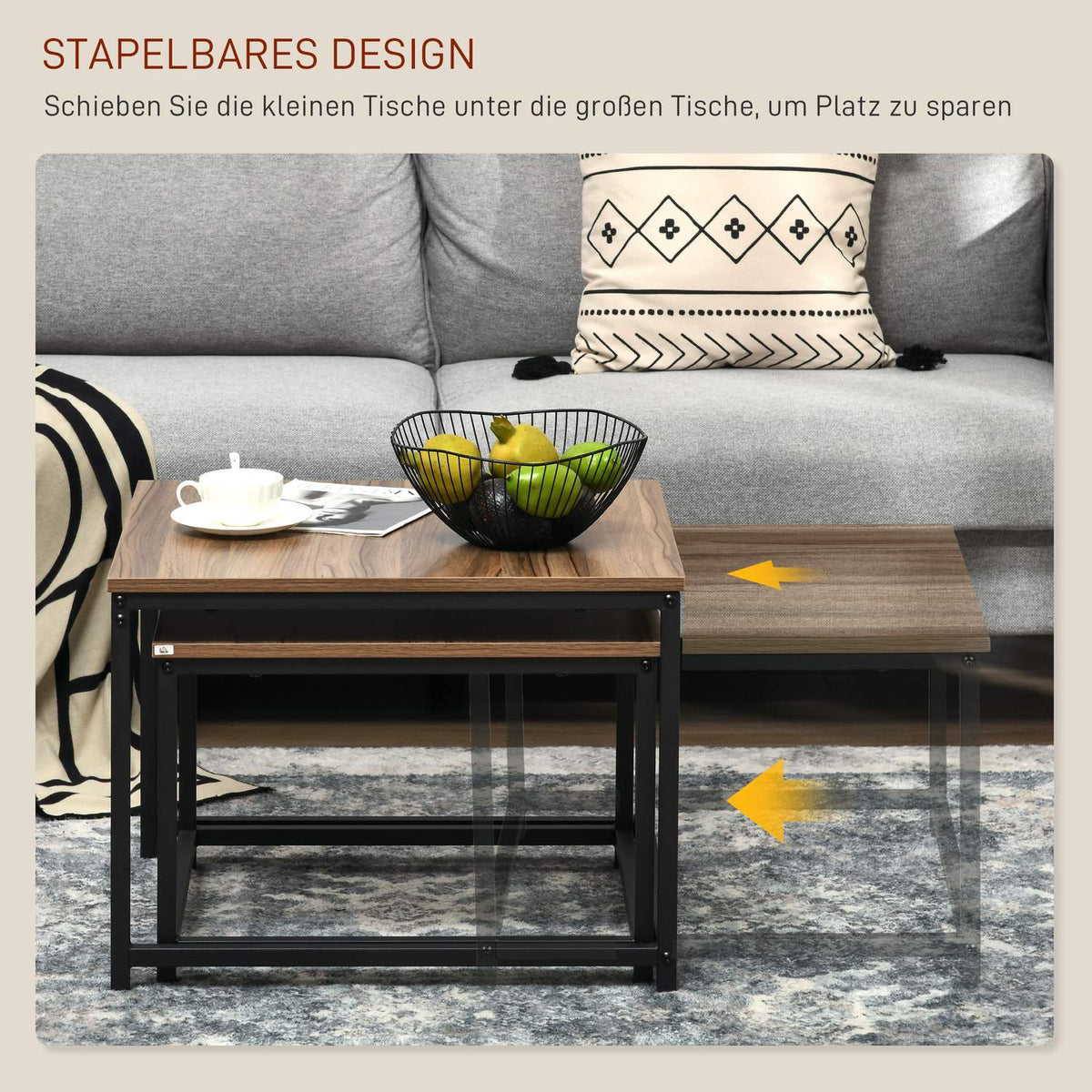 Coffee Table Set Of 2 Side Tables In Industrial Design, Living Room Table With Wood Look, Steel, Natural