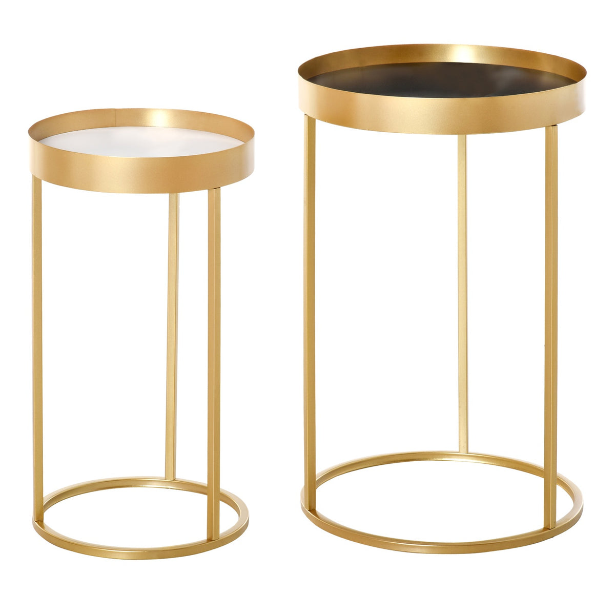 Coffee Table Set Of 2 Side Tables With Raised Edge, Round, Retro Design, Mdf Metal, Gold