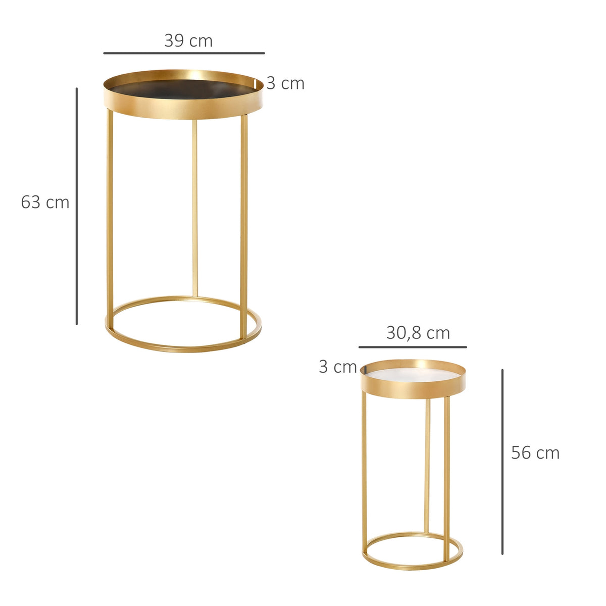 Coffee Table Set Of 2 Side Tables With Raised Edge, Round, Retro Design, Mdf Metal, Gold