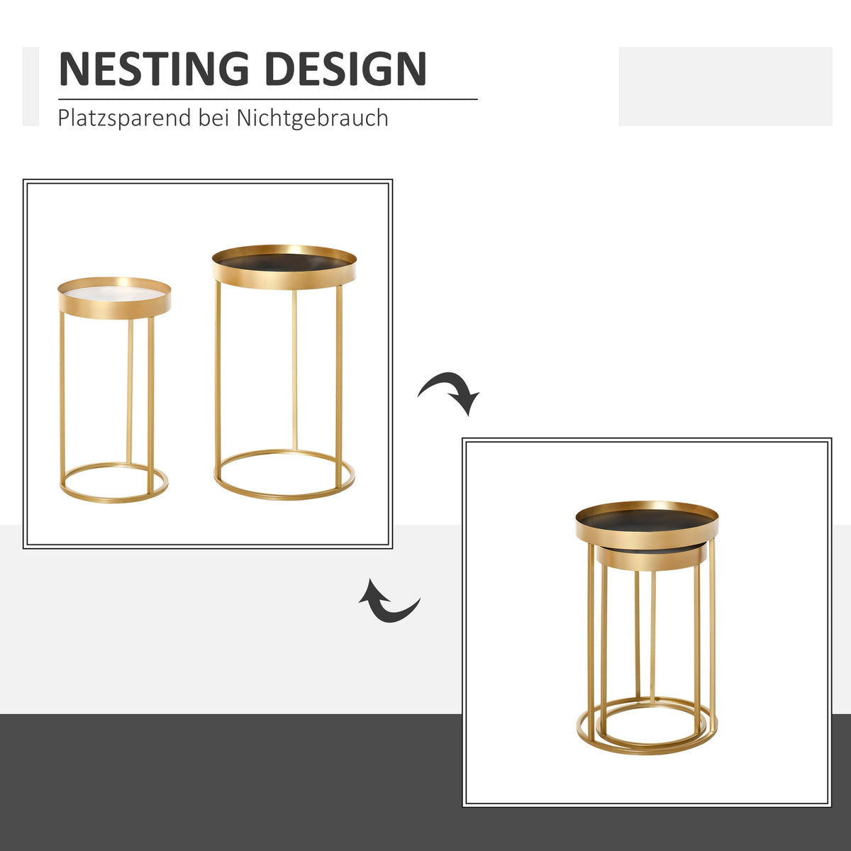Coffee Table Set Of 2 Side Tables With Raised Edge, Round, Retro Design, Mdf Metal, Gold