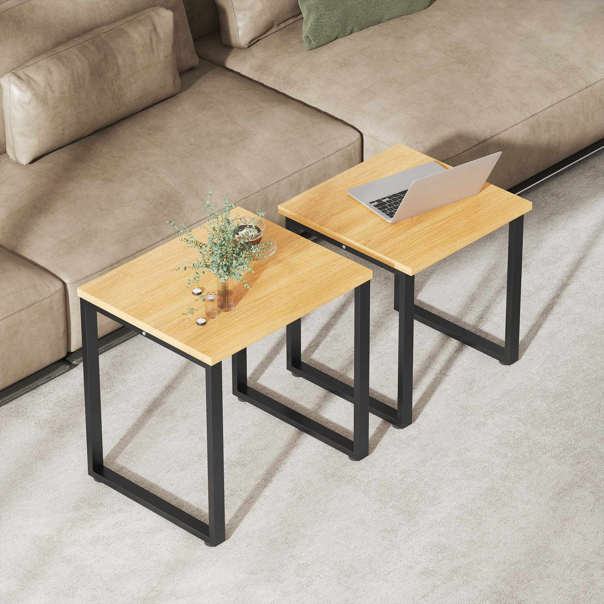 Coffee Table Set of 2, Wood Look, Metal Frame, Nesting Design