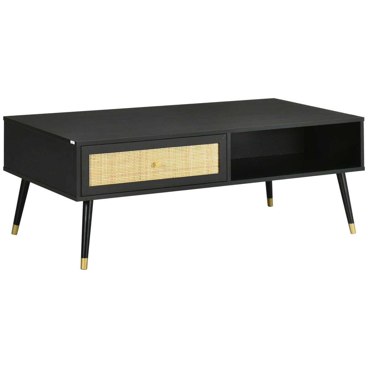 Coffee Table Side Table With Drawer And 2 Compartments, Rattan Look, Black, 120X59X45Cm