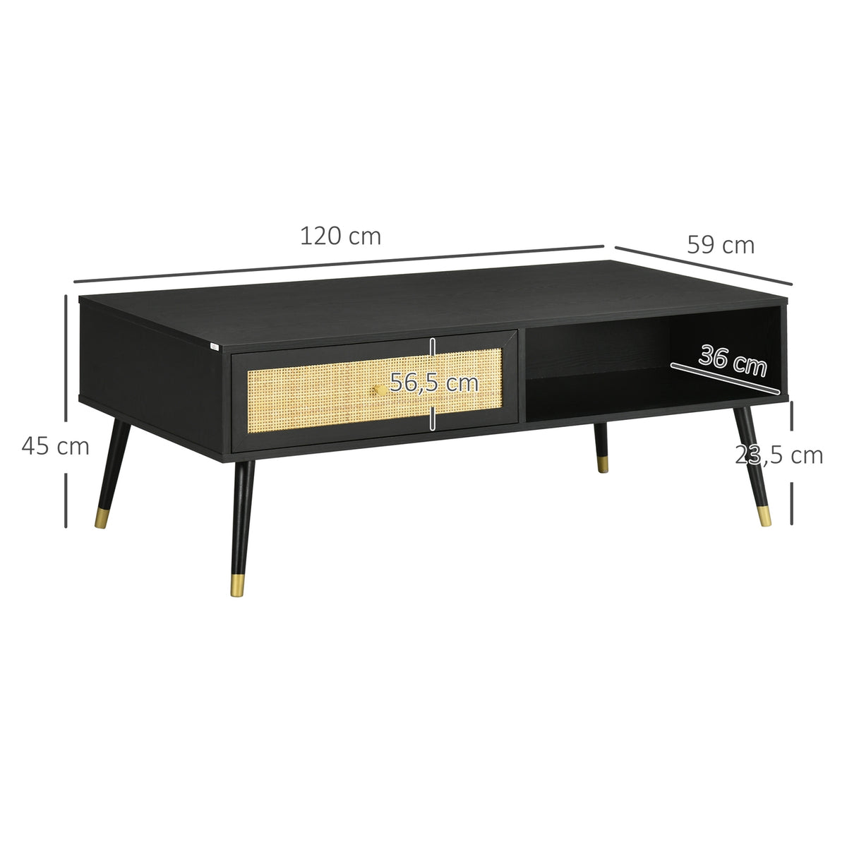 Coffee Table Side Table With Drawer And 2 Compartments, Rattan Look, Black, 120X59X45Cm